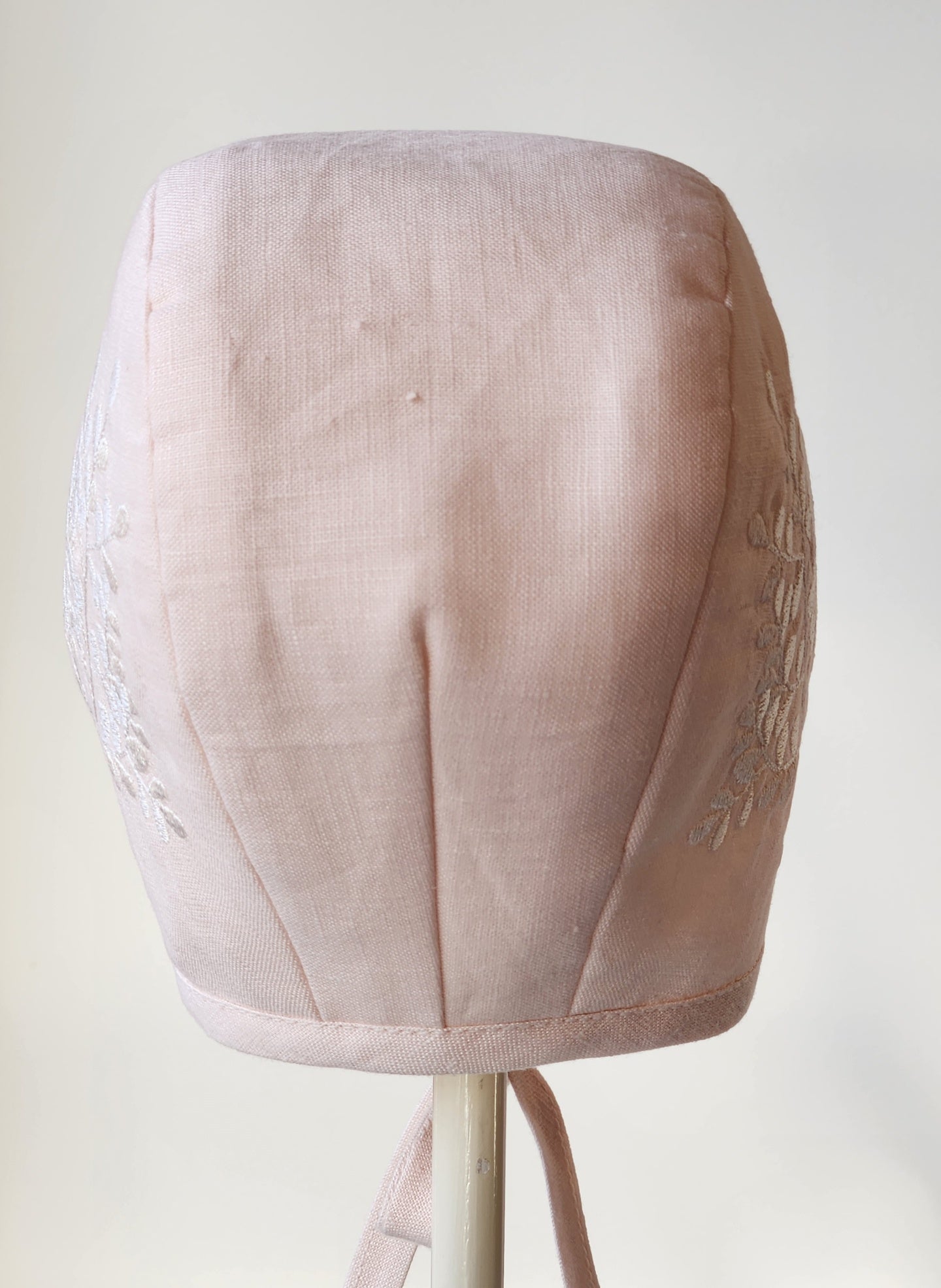 Exclusive Linen Bonnet, Palest Pink Linen Cap Style Bonnet with Ivory embroidered branch