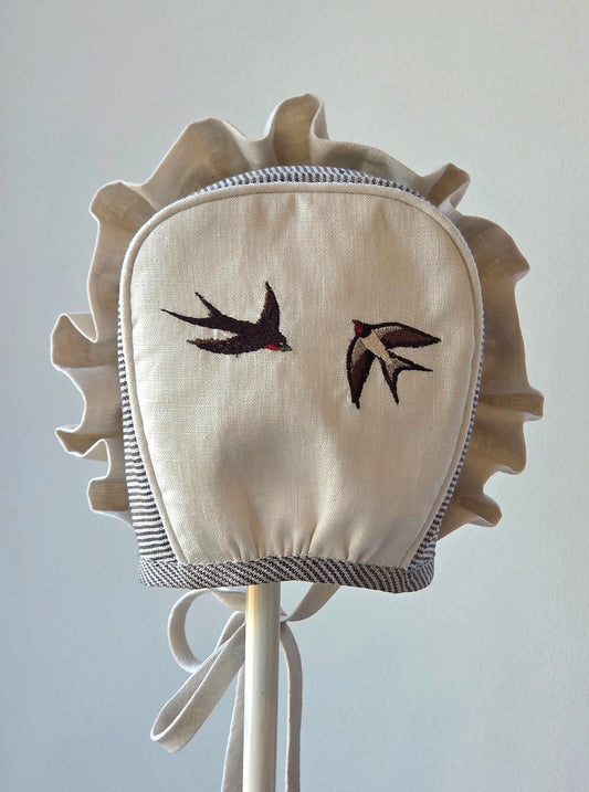 Embroidered Linen Bonnet with Swallows, in Charcoal stripe with natural linen trim