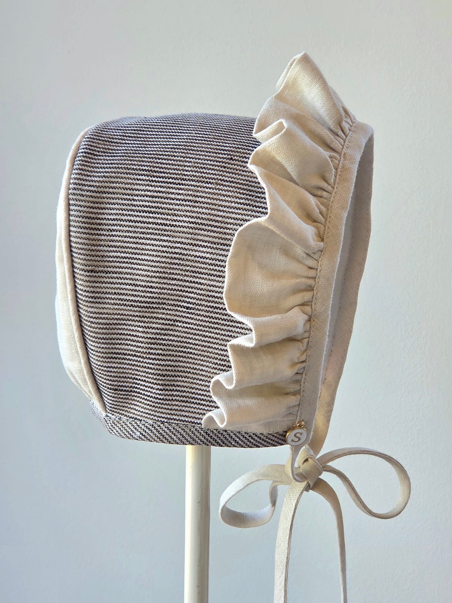 Embroidered Linen Bonnet with Swallows, in Charcoal stripe with natural linen trim