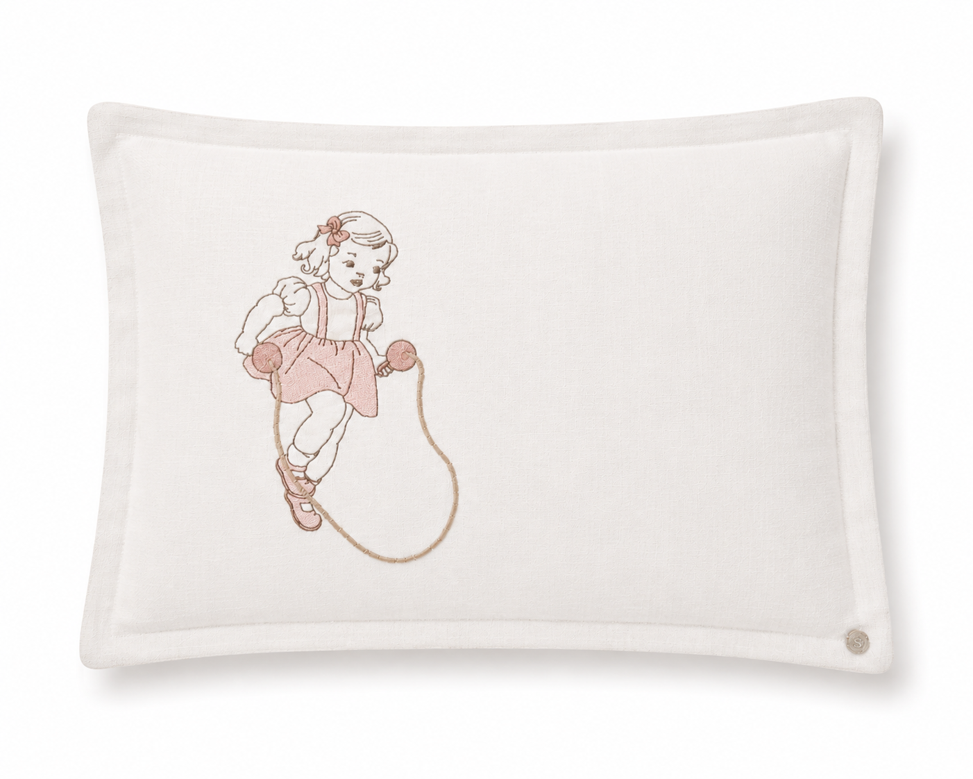 'Skipping Girl' Embroidered Pillowcase,  Dusty Pink embroidery on Ivory Linen