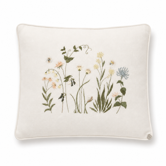 'My Cottage Garden' Embroidered Pillowcase,  Soft Pink, Blue & Lemon on White Pique Fabric