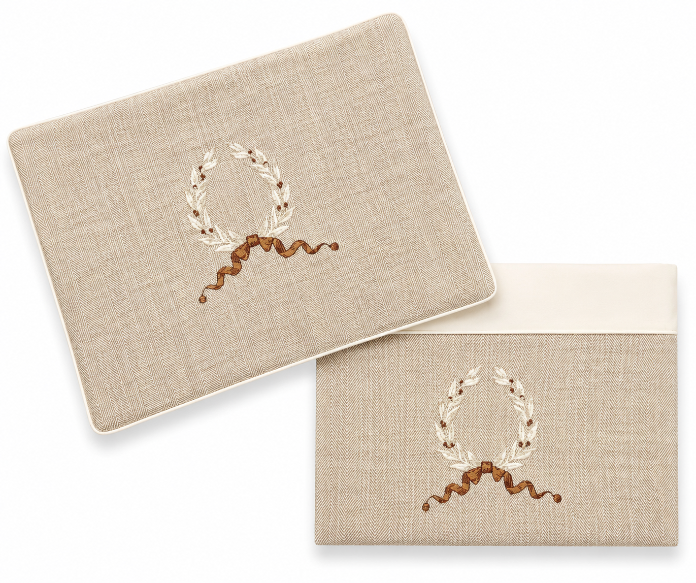 2pc Bassinet Sheet Set,  Caramel Herringbone with Cream/Caramel embroidered wreath