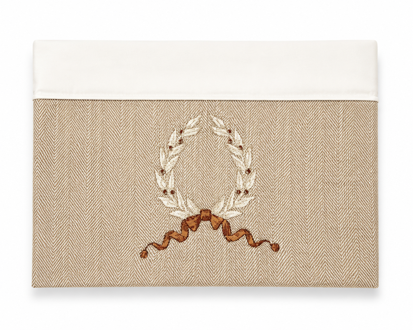 2pc Bassinet Sheet Set,  Caramel Herringbone with Cream/Caramel embroidered wreath