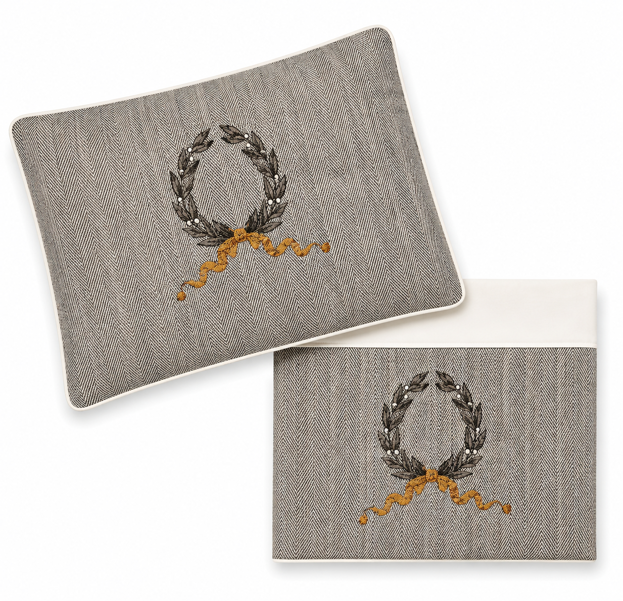 2pc Bassinet Sheet Set,  Platinum Jubilee Navy Herringbone with Grey/Gold Embroidered Wreath