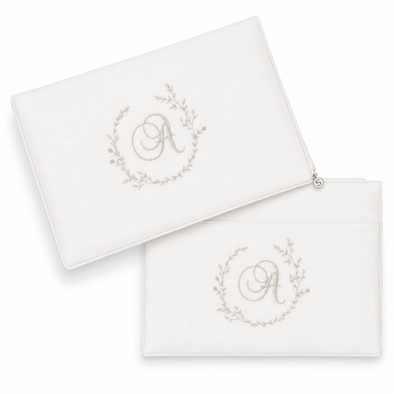 'Simply Elegant' 2pc Bassinet/Pram Sheet Set,  White Linen with embroidered floral monogram