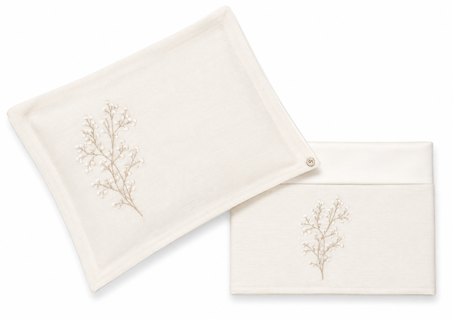 2pc Bassinet / Pram Sheet Set,  Embroidered floral spray on Ivory Linen