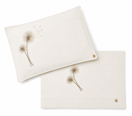 Exclusive Baby Wrap & Pillowcase Set, White Linen with embroidered dandelions