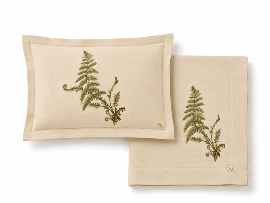 Exclusive Baby Wrap & Pillowcase Set,  Natural Linen with embroidered ferns
