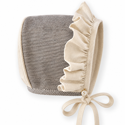 Embroidered Linen Bonnet with Swallows, in Charcoal stripe with natural linen trim