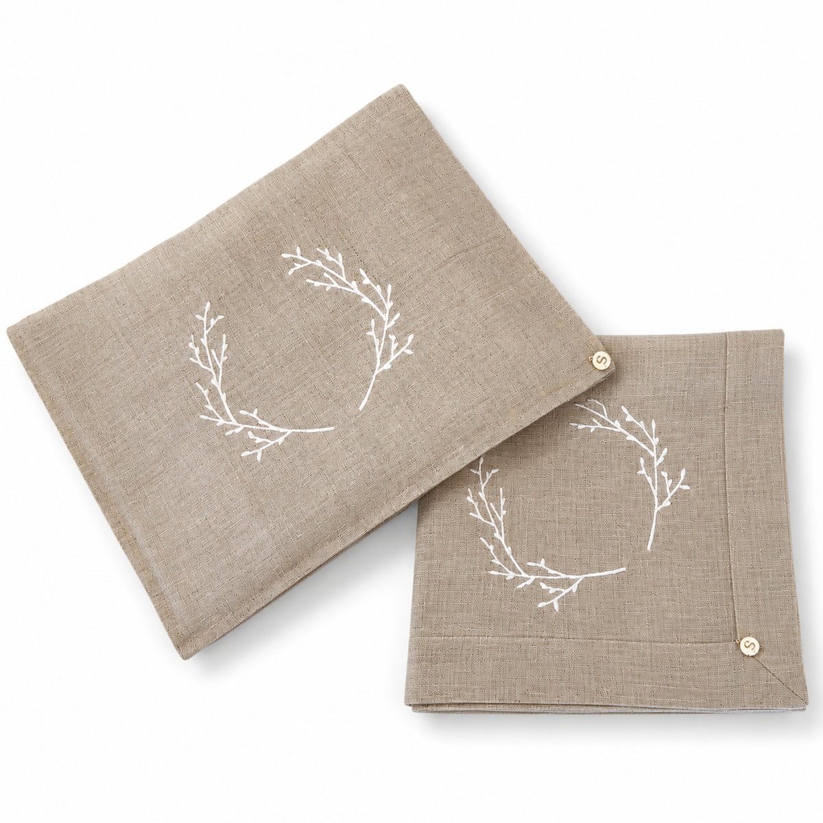 Exclusive Baby Wrap & Pillowcase Set,  Ivory Embroidered Wreath on Dark Natural Linen