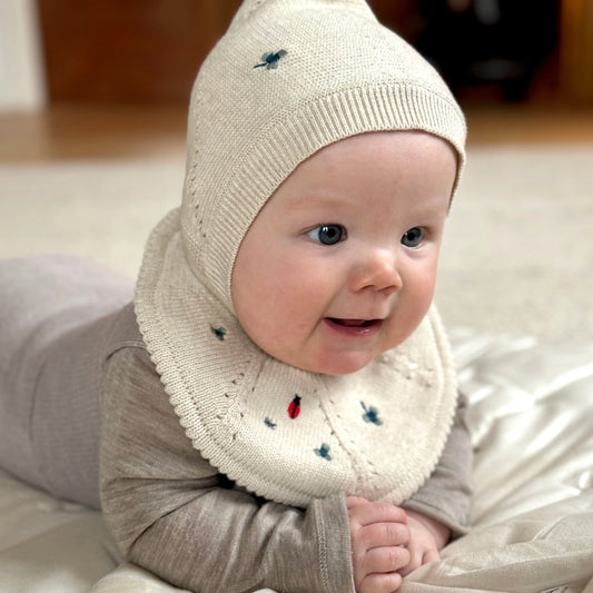 Knitted Baby Bib - Flora - Ladybug Garden