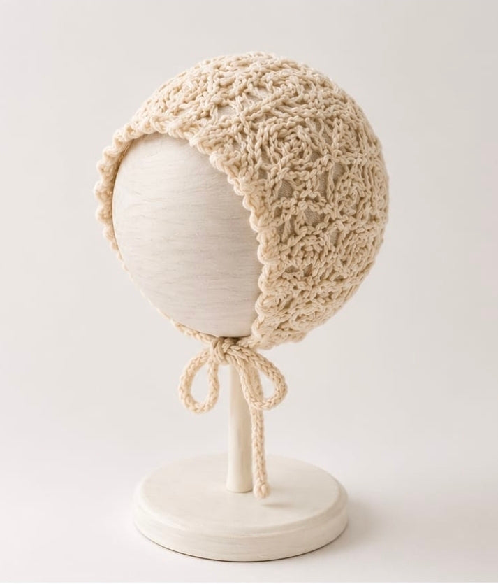 Hand Knitted Baby Bonnet, Cream Cotton
