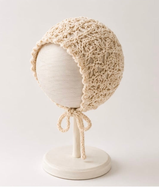 Hand Knitted Baby Bonnet, Cream Cotton