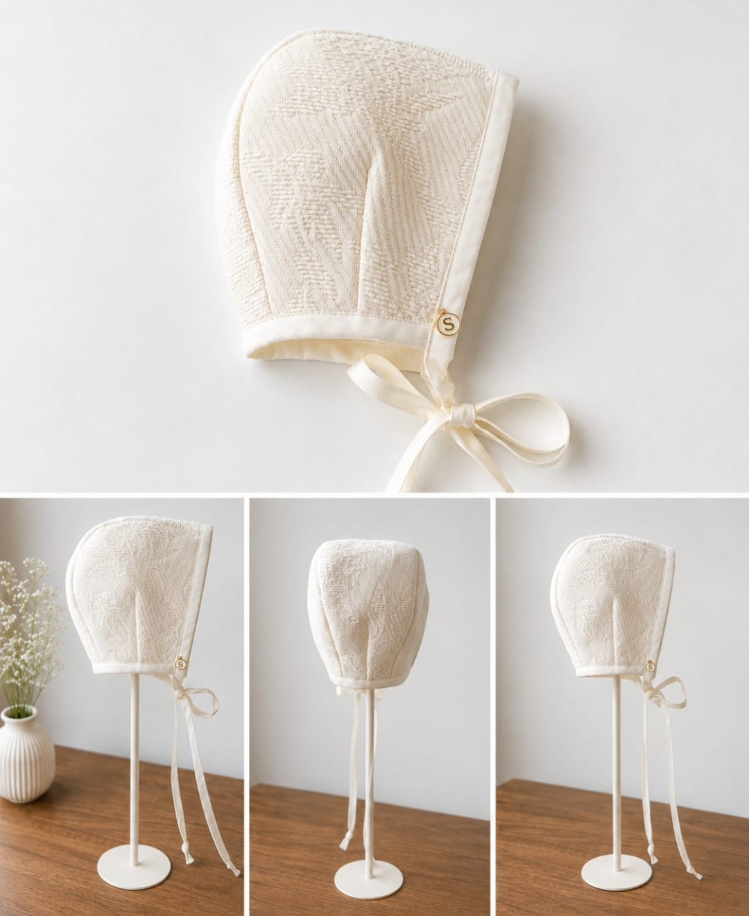 Exclusive Ivory Bonnet,  Cap style in heavy jacquard