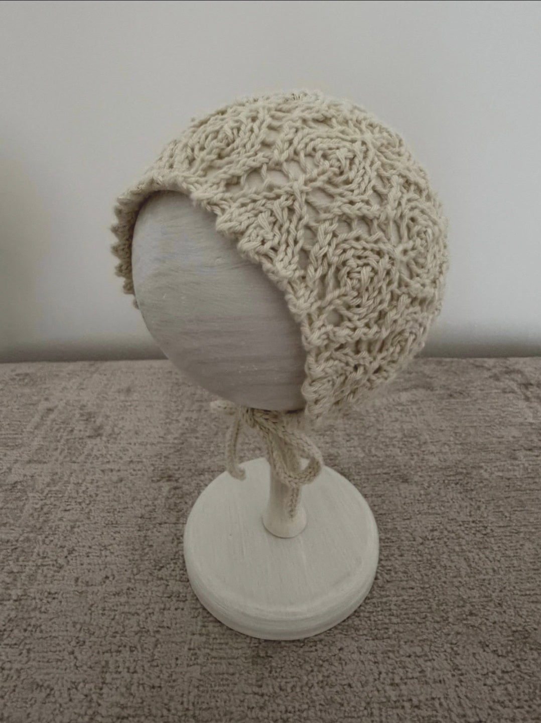 Hand Knitted Baby Bonnet, Cream Cotton