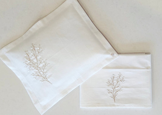 2pc Bassinet / Pram Sheet Set,  Embroidered floral spray on Ivory Linen