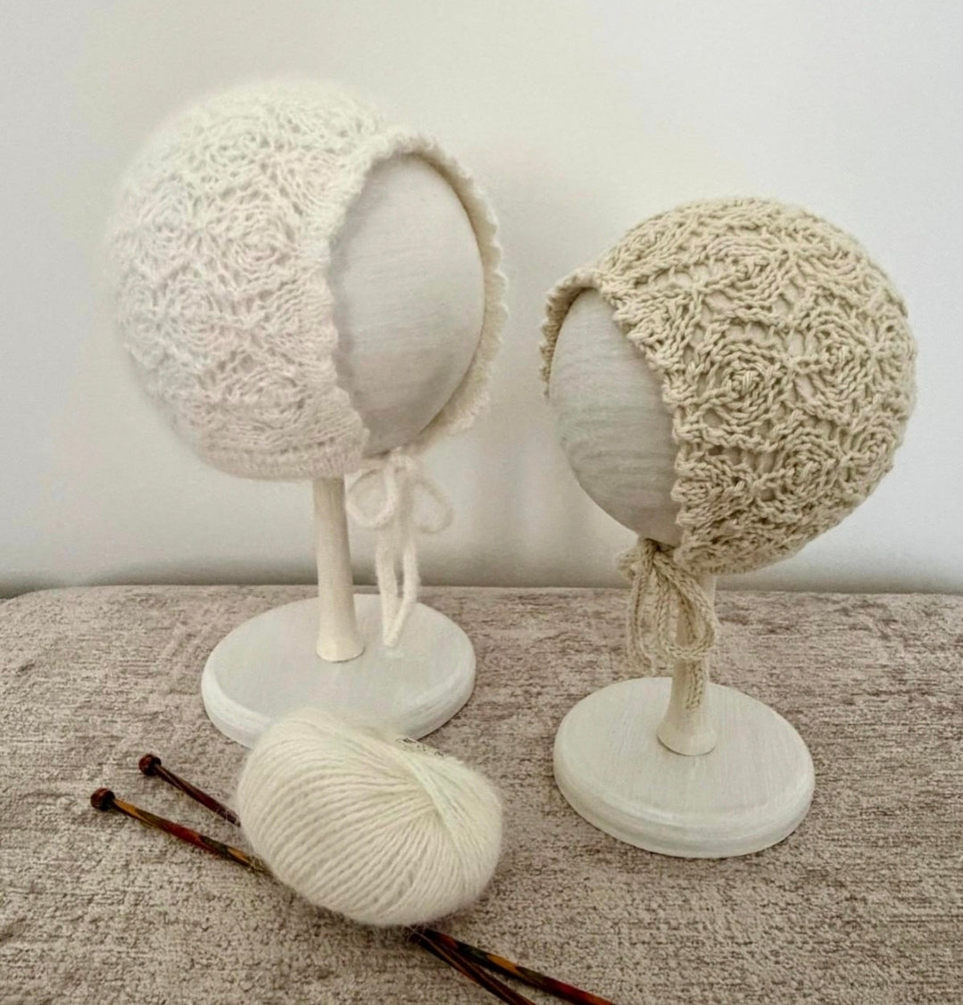 Hand Knitted Baby Bonnet, Cream Cotton