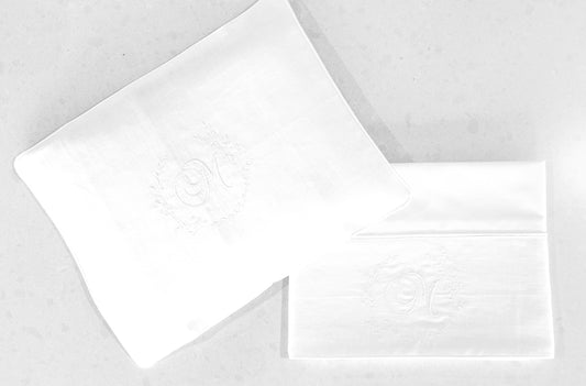 'Simply Elegant' 2pc Bassinet/Pram Sheet Set,  White Linen with embroidered floral monogram