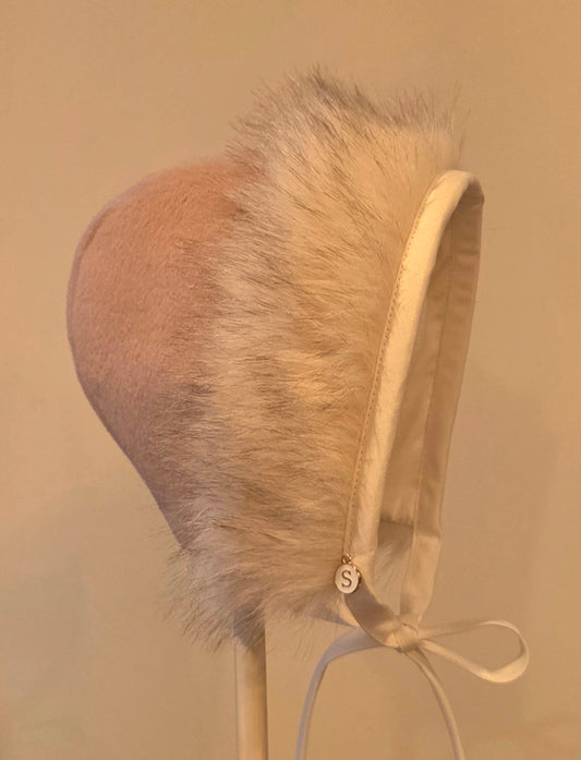 Exclusive Wool Cashmere Bonnet,  Cap Style with Speckled Snow Fur Brim,  Musk