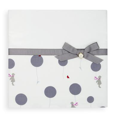 2pc Cot Sheet Set, Grey Balloons with Wide Grey Grosgrain trim