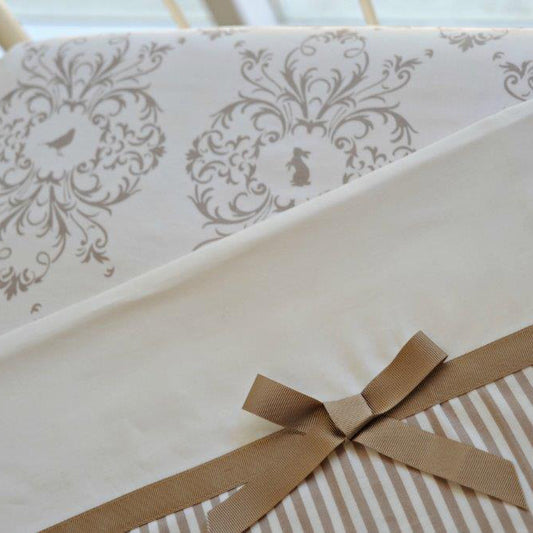 2pc Cot Sheet Set, Taupe Stripe Band, Wide Taupe Grosgrain
