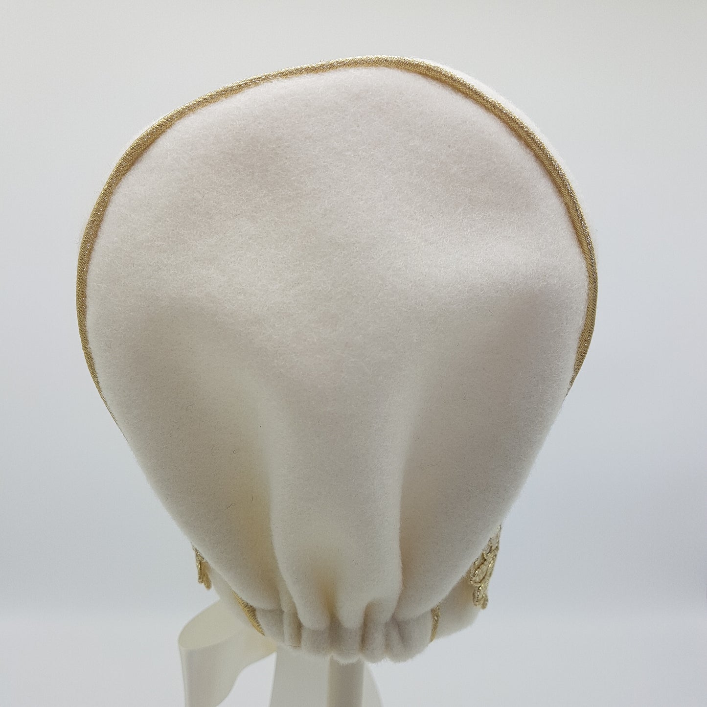 Exclusive Cream Wool Bonnet with Gold Lace Trim