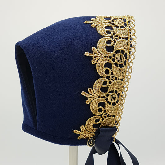 Exclusive Navy Wool Bonnet with gold lace trim