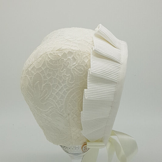 Exclusive Bonnet, Cream Brocade, cap style with pleated frill