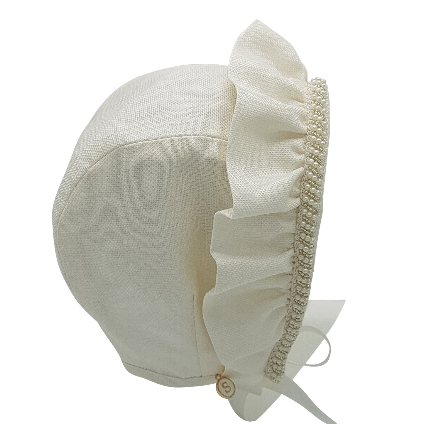 Exclusive Bonnet, Ivory Silk, Cap style with frill and pearl trim