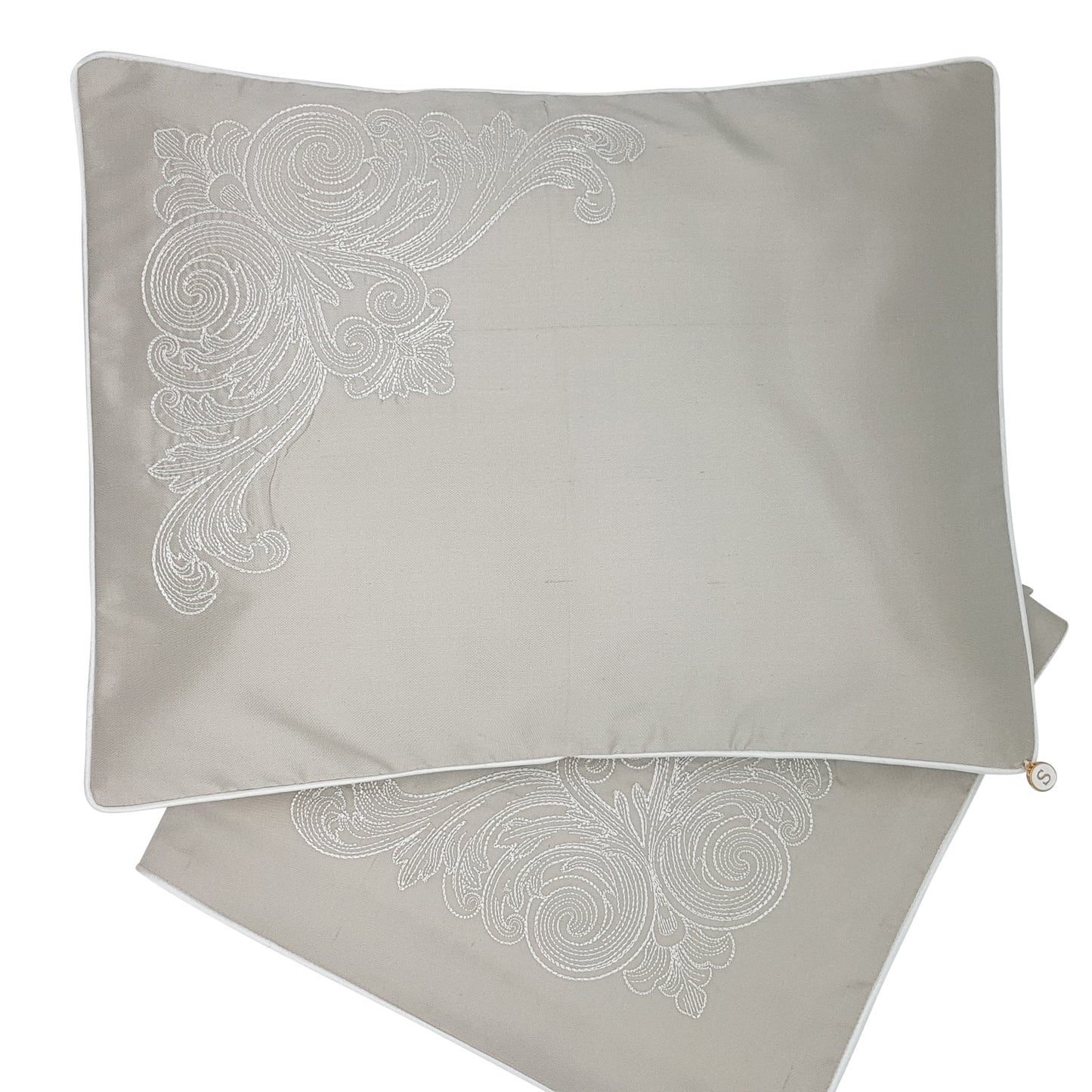 Limited Edition Wrap and Pillowcase Set, Soft Grey Silk with Cream Embroidery