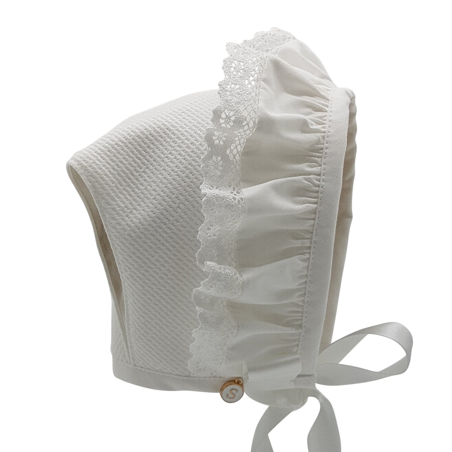 Exclusive Bonnet, White Jacquard T-Bar Style with frill & cluny lace