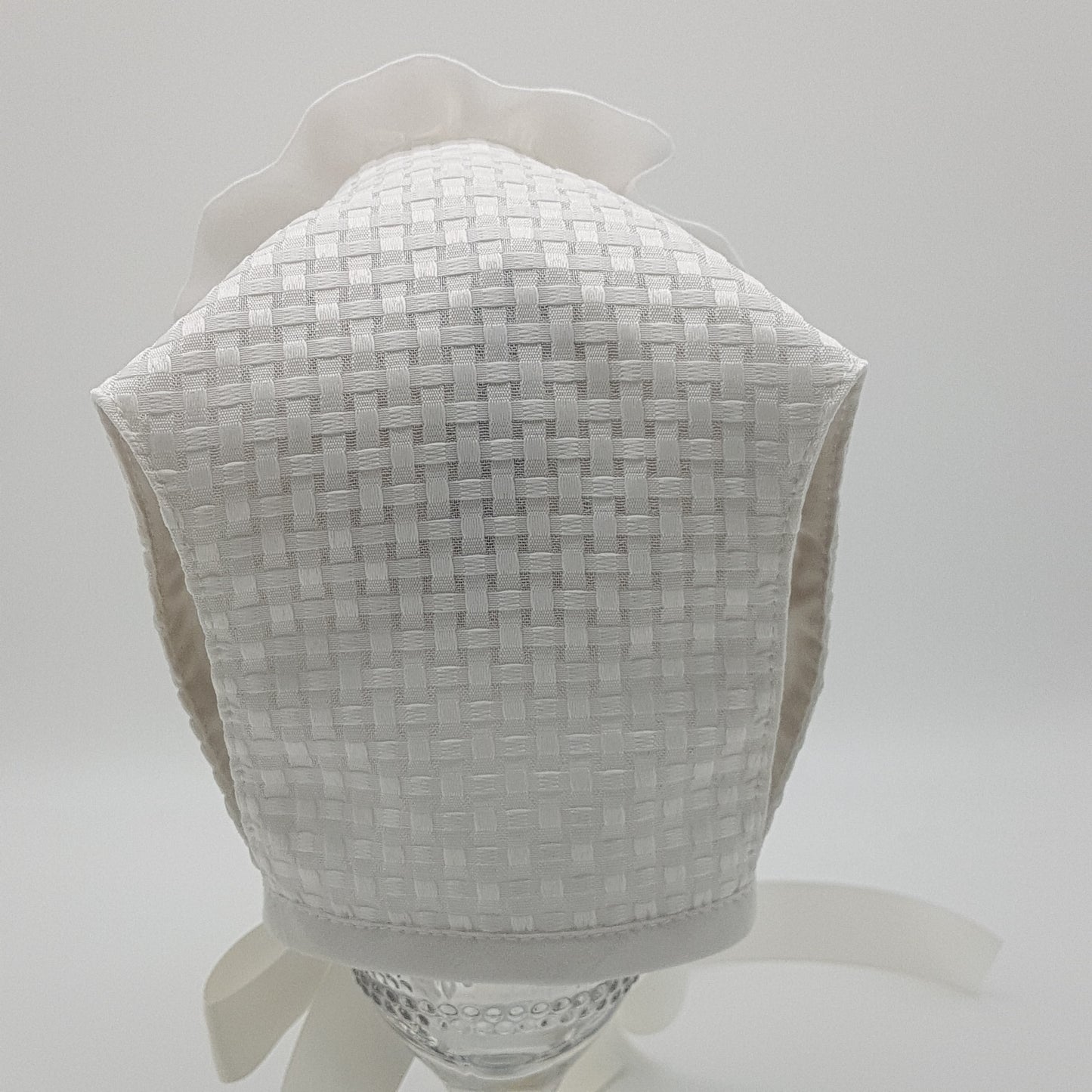 Exclusive Bonnet, Ivory Checkerboard T-Bar Style Bonnet with frill
