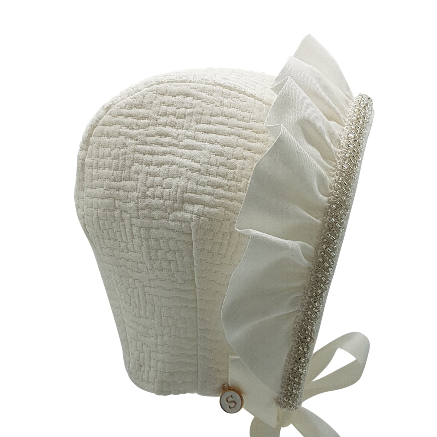 Exclusive Bonnet, Ivory Jacquard Cap Style with frill and bead trim