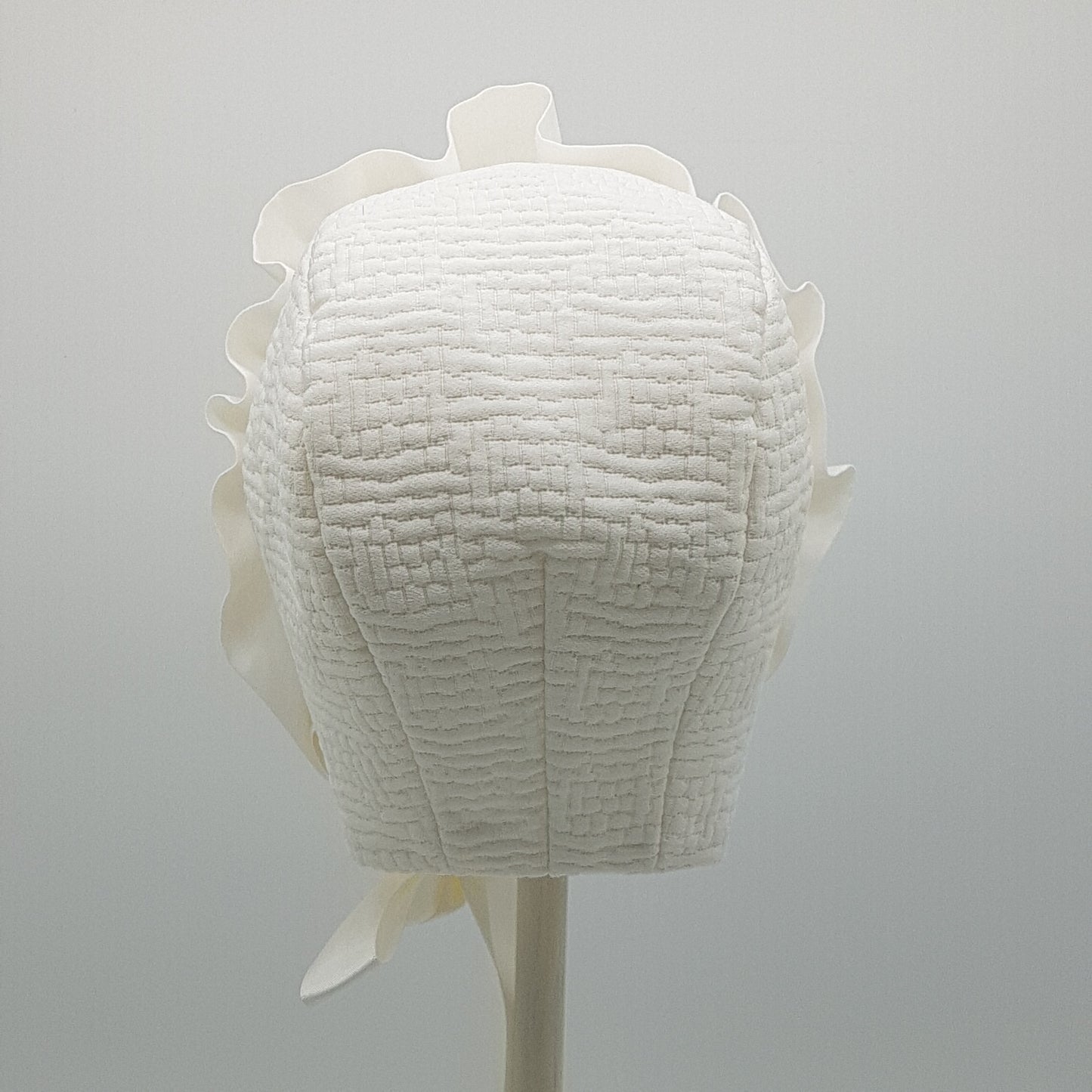 Exclusive Bonnet, Ivory Jacquard Cap Style with frill and bead trim