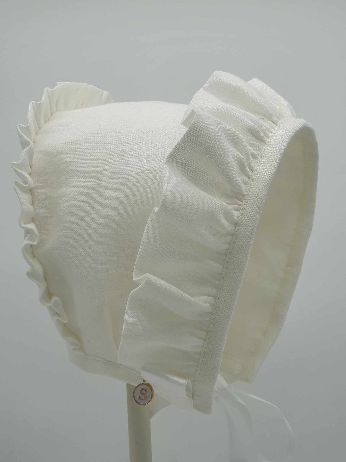 Small Dreams Exclusive Bonnet,  White Linen with embroidery
