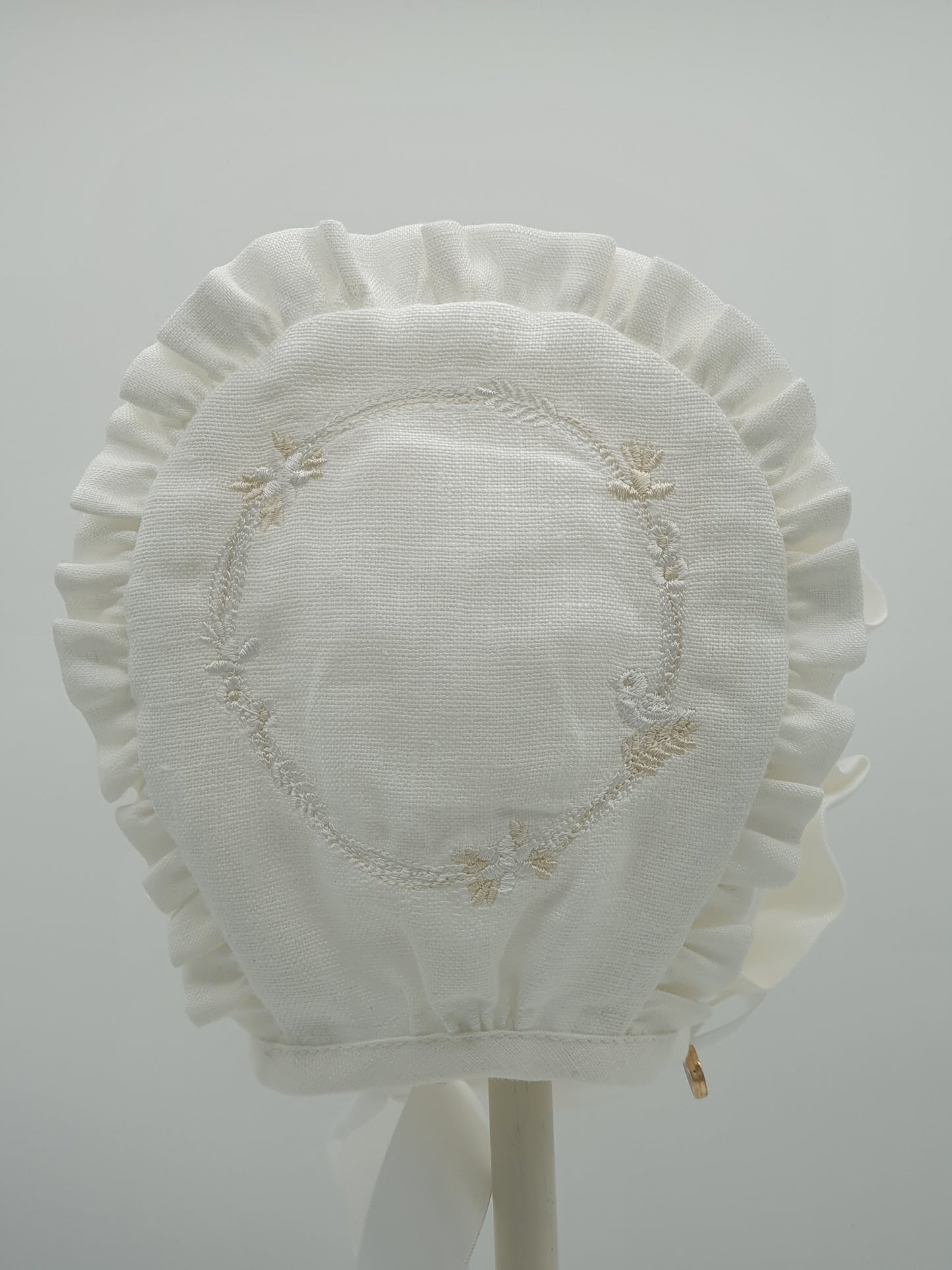 Small Dreams Exclusive Bonnet,  White Linen with embroidery