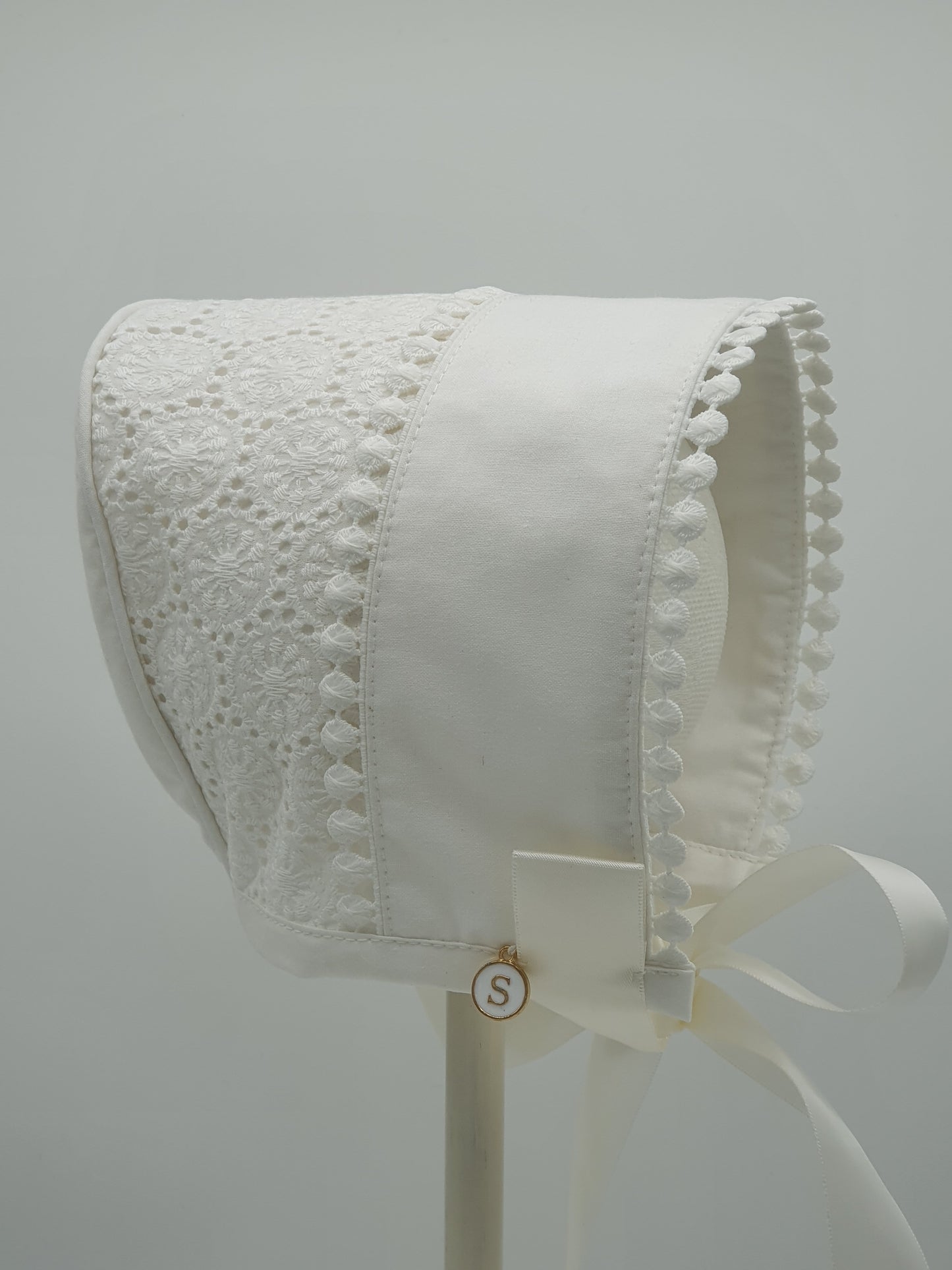 Exclusive Bonnet,  Ivory Cotton Broderie with lace trim