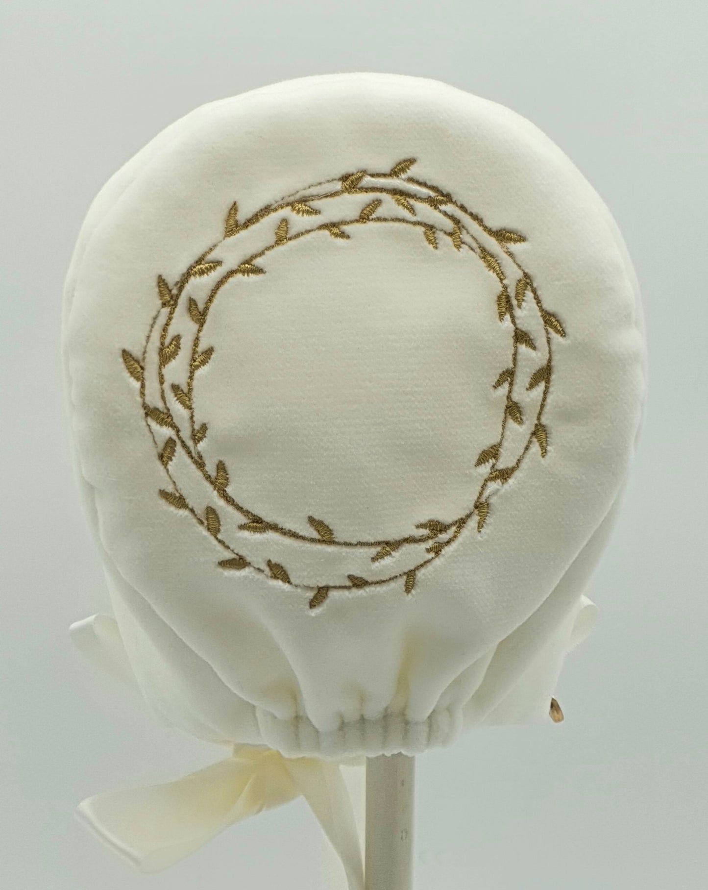 Exclusive Bonnet, Cream Velvet with Gold Embroidery & Trim