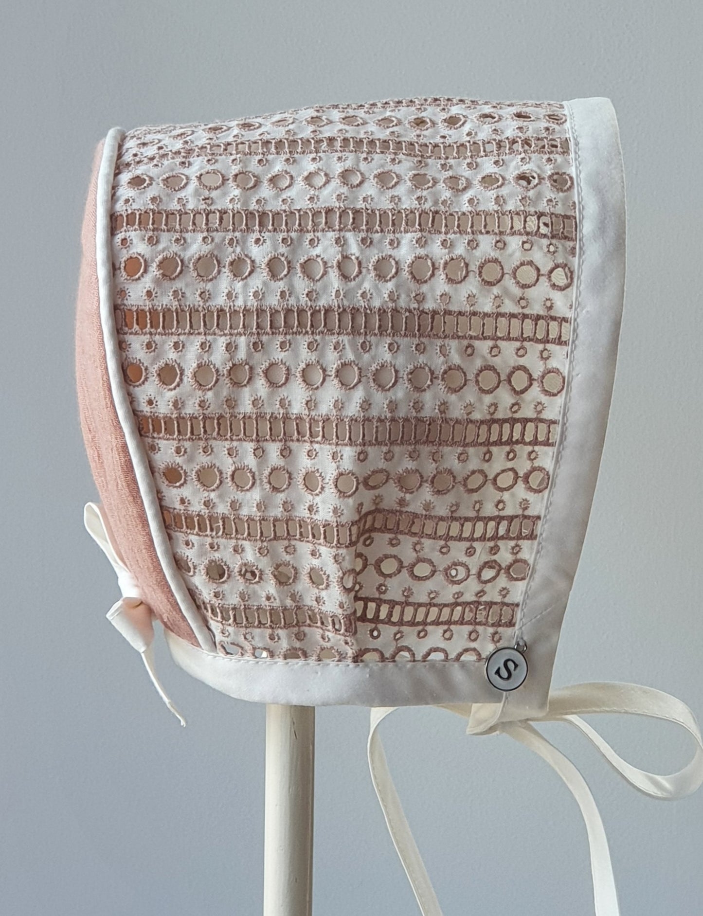 Exclusive Broderie Lace Bonnet, Pink & Ivory horseshoe style
