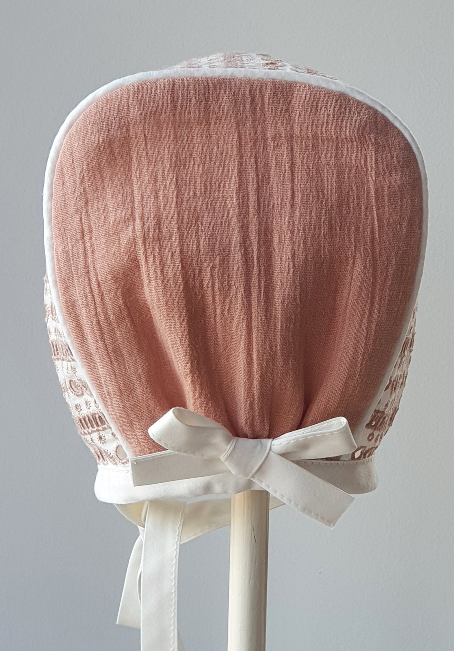 Exclusive Broderie Lace Bonnet, Pink & Ivory horseshoe style