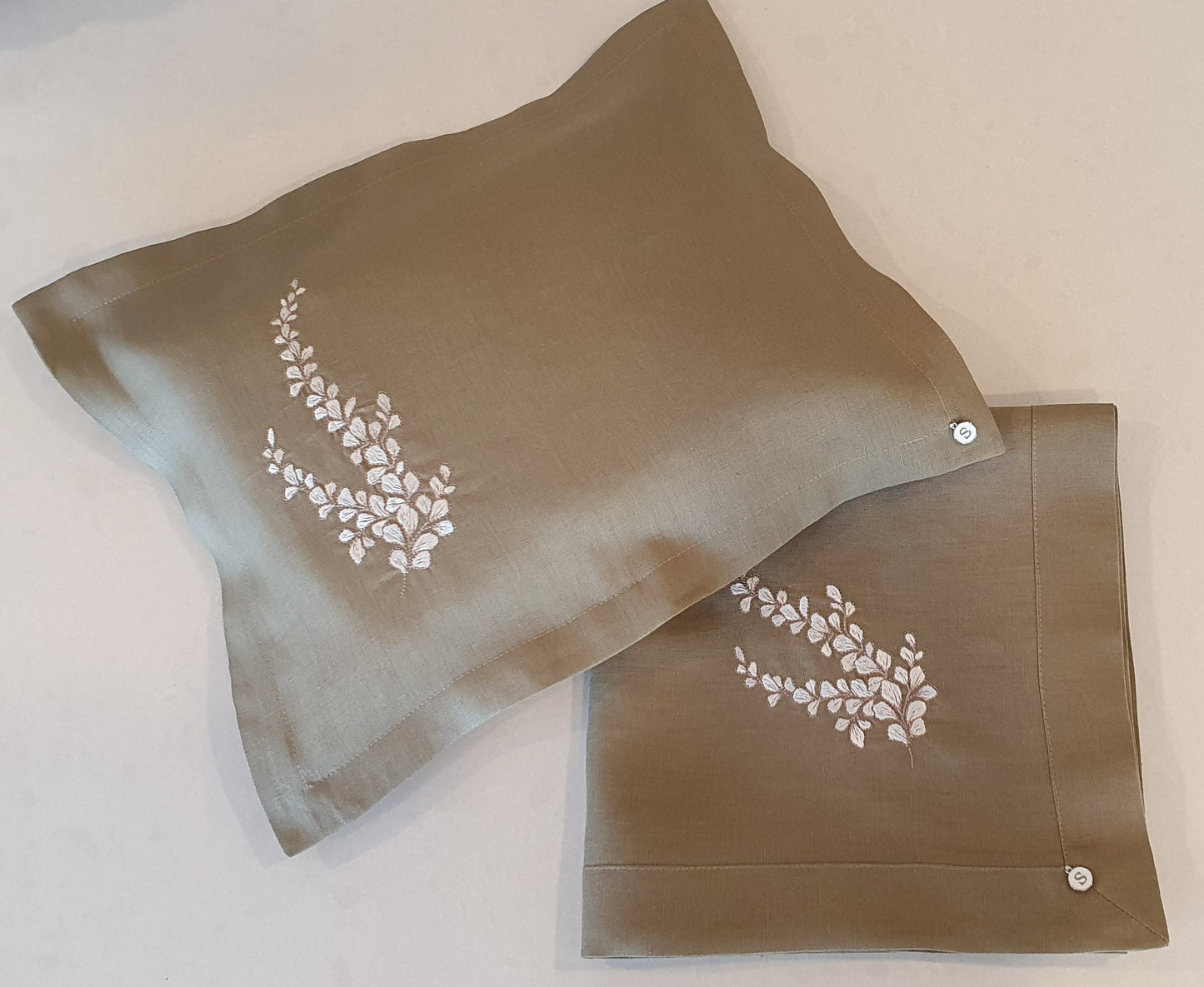 Exclusive Linen Wrap & Pillowcase Set, Sea Salt Linen with Ivory embroidered vine