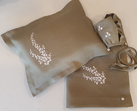 Exclusive Linen Wrap & Pillowcase Set, Sea Salt Linen with Ivory embroidered vine