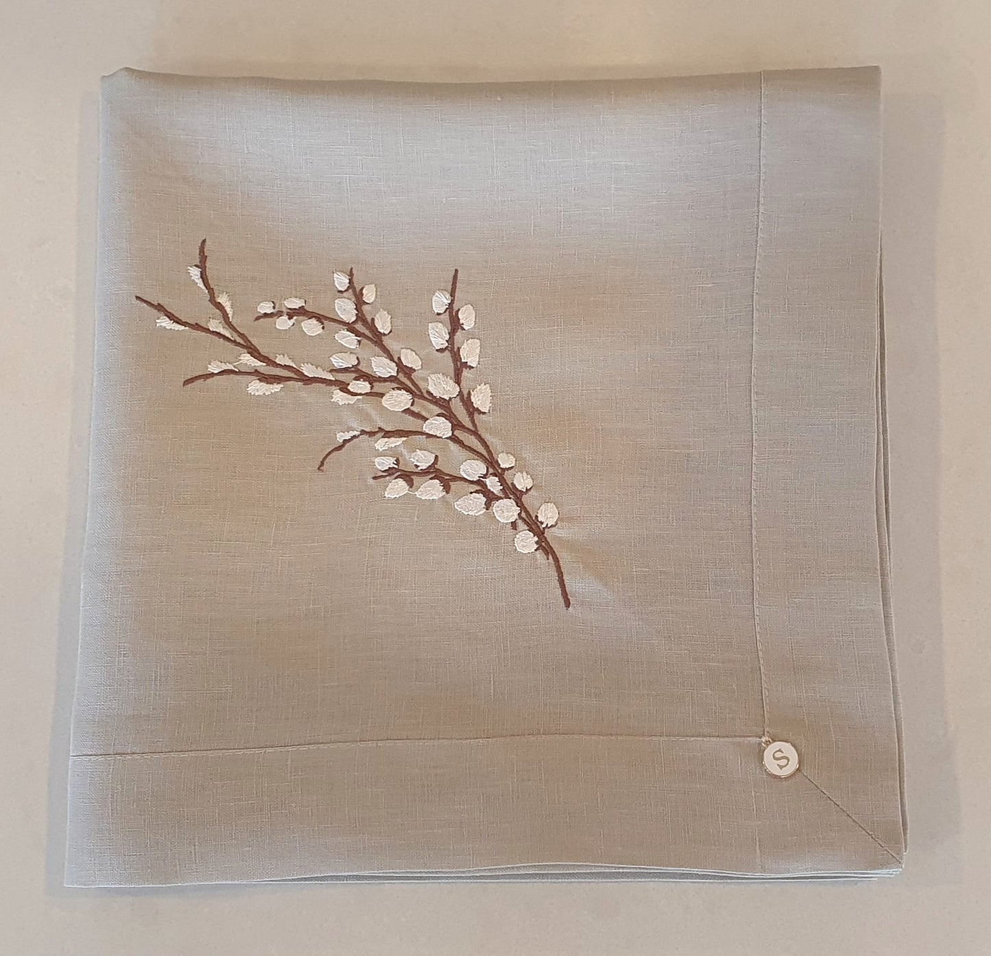 Exclusive Linen Wrap & Pillowcase Set, Natural Linen with Ivory embroidered Pussy Willow Branch