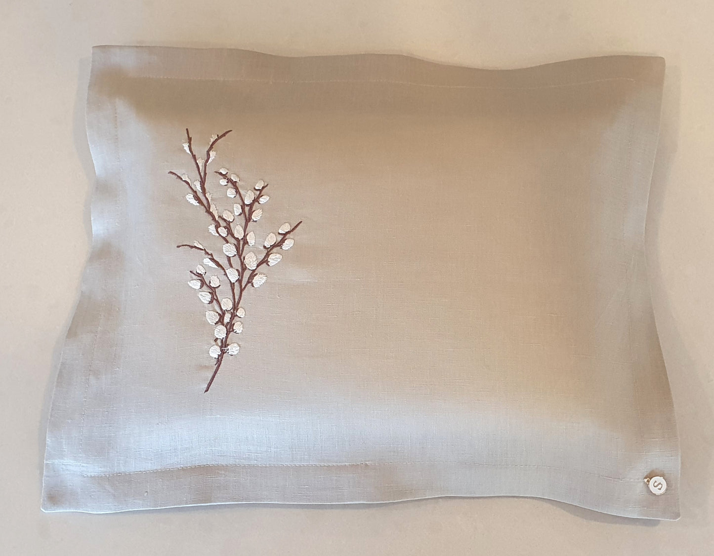 Exclusive Linen Wrap & Pillowcase Set, Natural Linen with Ivory embroidered Pussy Willow Branch