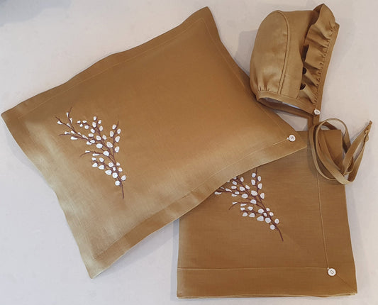 Exclusive Linen Wrap & Pillowcase Set, Chartruese Linen with Ivory embroidered Pussy Willow Branch