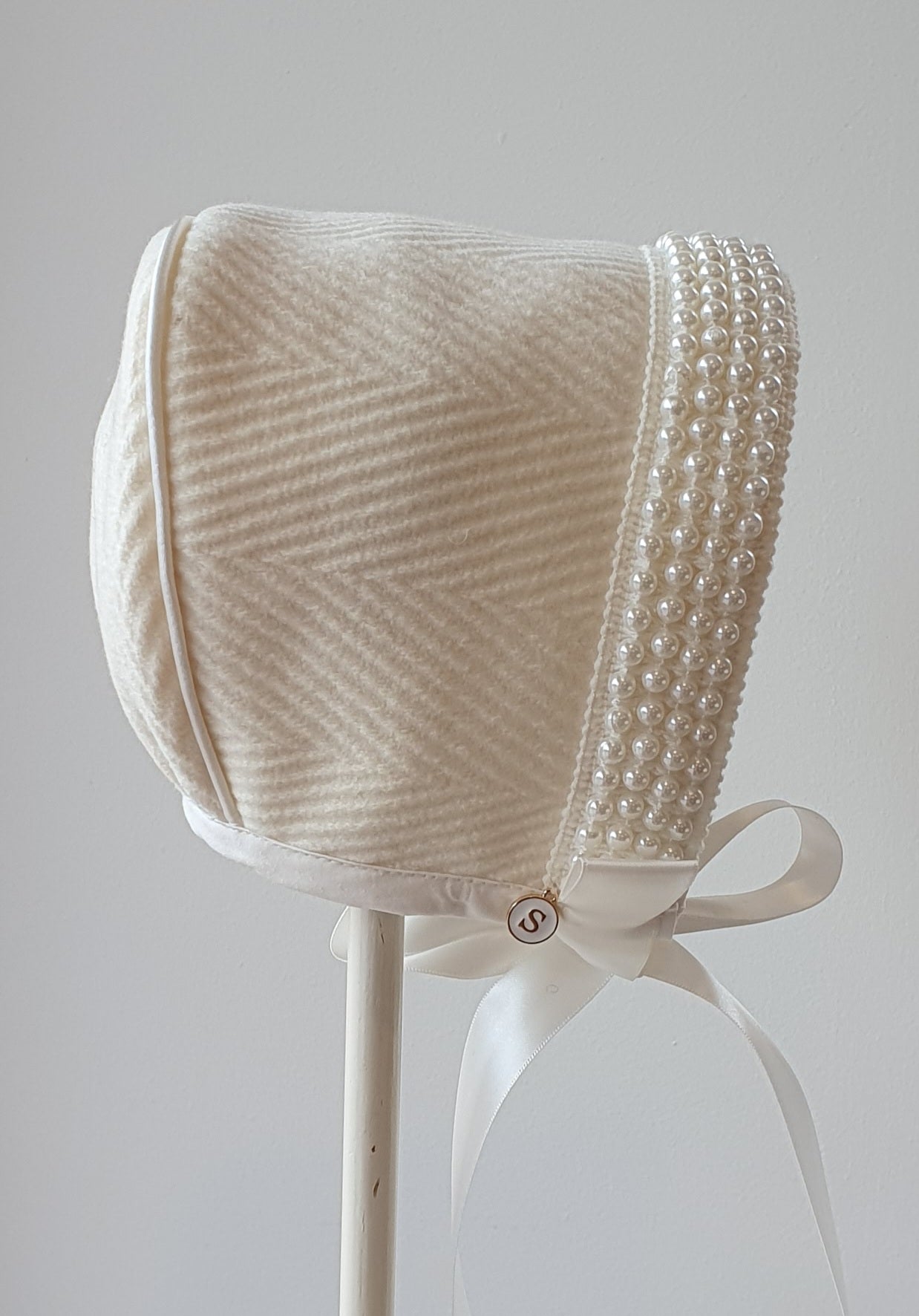 Exclusive Cream Wool Bonnet, with pearl trim