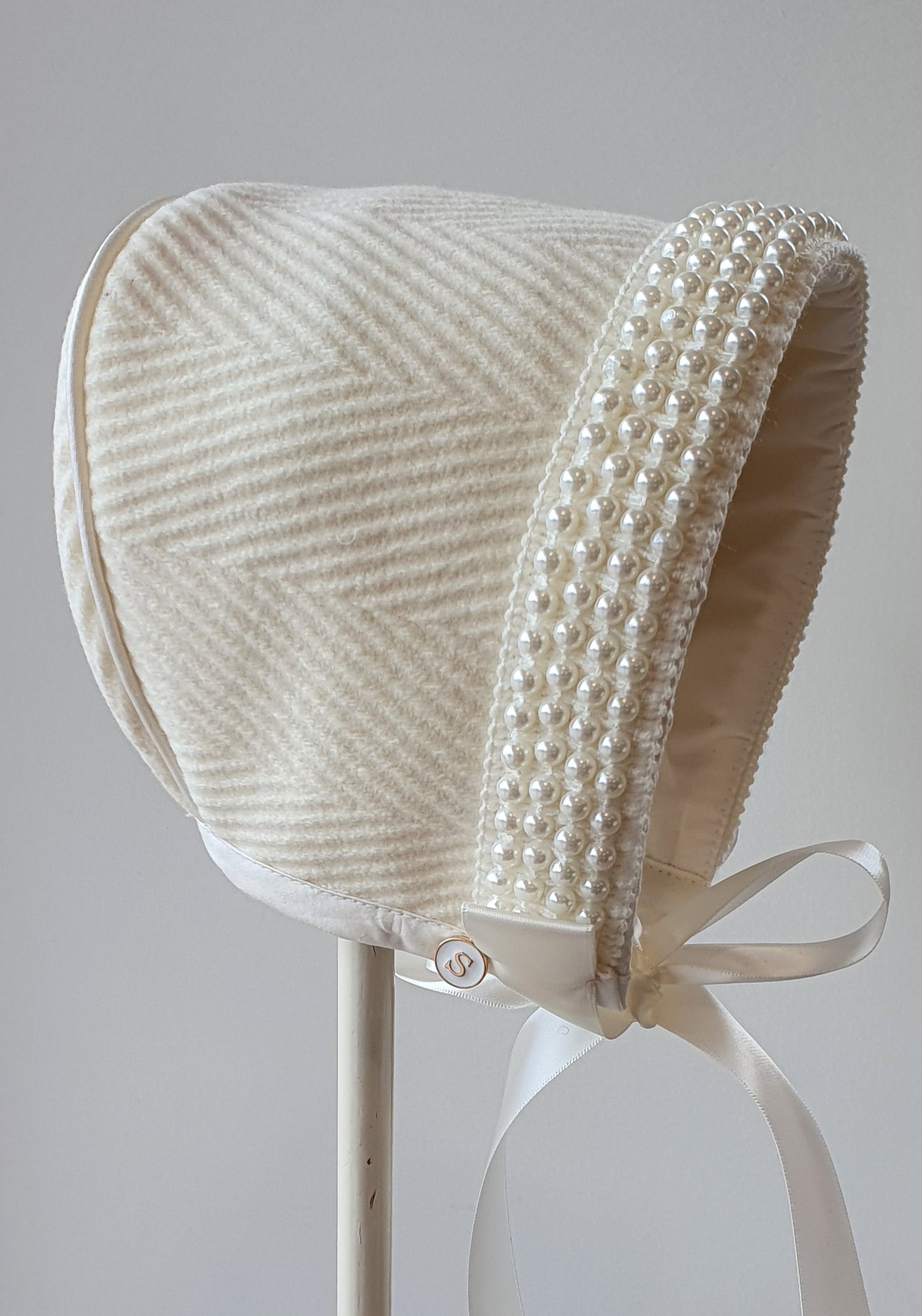 Exclusive Cream Wool Bonnet, with pearl trim